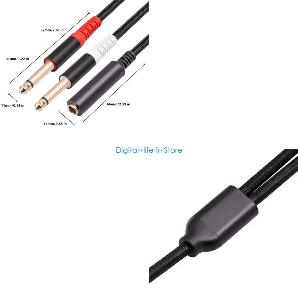E06D 6.35mm Female to Dual 6.35mm Male Adapter Cable 1/4 6.35mm Y Splitter Stereo Cord for Electric Instrument