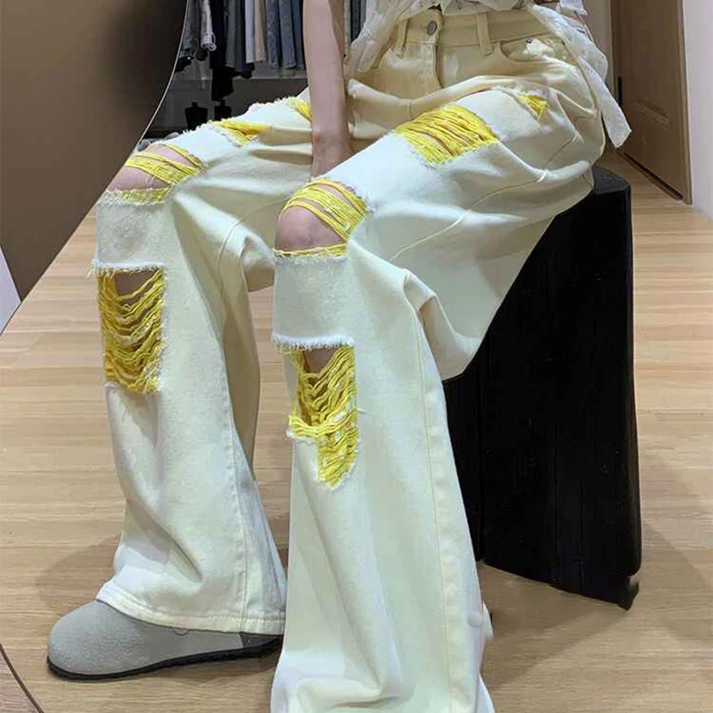 Vrouwen geel gat denim broek 2025, zomer nieuwe hoge taille rechte wijde pijpen jeans high street oversized jeans vrouwelijk