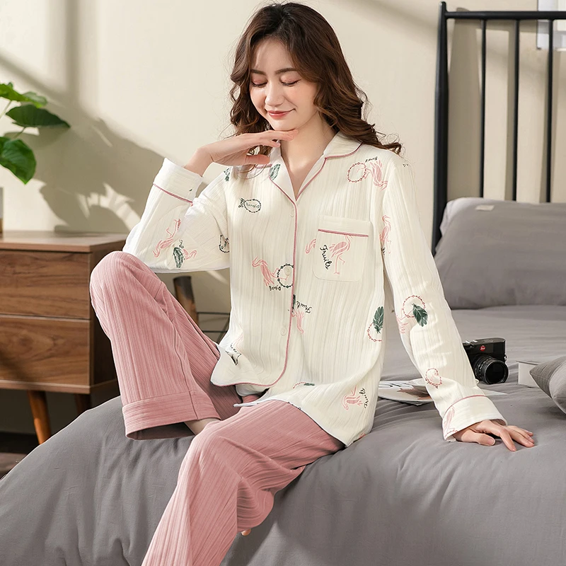 Printed pajamas Spring and Autumn Women's New Pure Cotton Autumn Home Furnishings Leisure Autumn and Winter Cotton Set