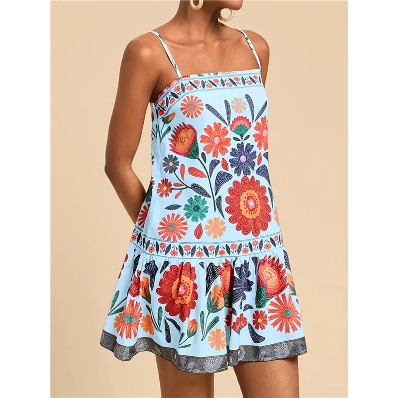ABRT-Vestito da donna floreale Boho Flowy Mini Cami- Abito con volant e cinturino per spaghetti Abiti da vacanza