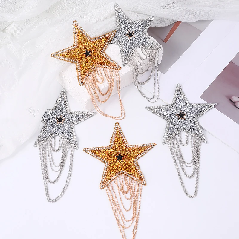 

DUCrystal 2pcs/set Resin Rhinestone Tassel Patch Hot Fix/Glue on pentagram patch Decoration Use For DIY Garment Craft