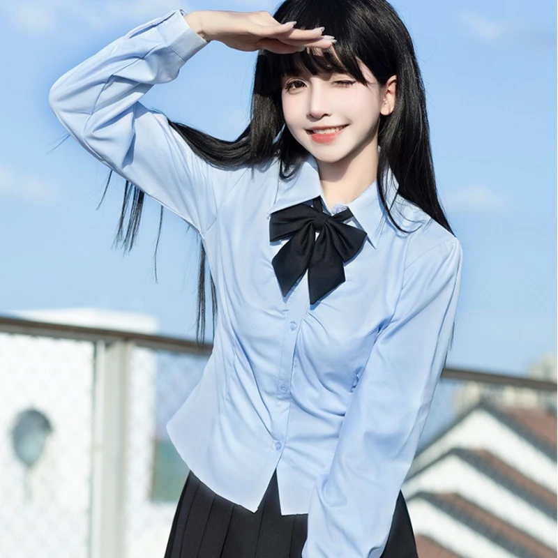 Korean Women's Shirt Jk School Girl Uniforms Top Sexy White&Blue Slim Waist Back Strap Long&Short Sleeve Suit Anime Cos Costume