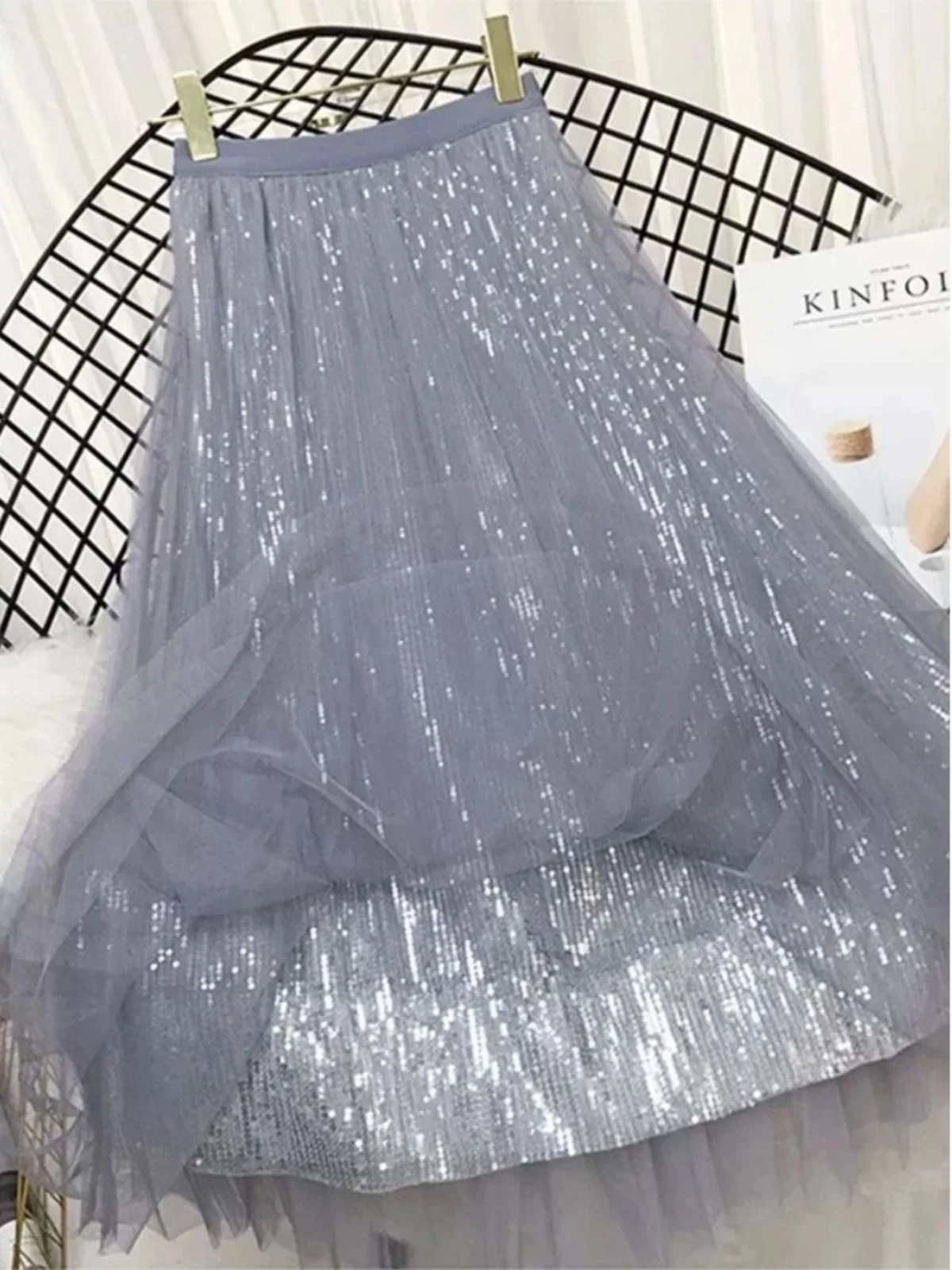 Falda larga de malla con lentejuelas de doble capa y cintura alta, estilo urbano, línea A, tela de poliéster, falda brillante...