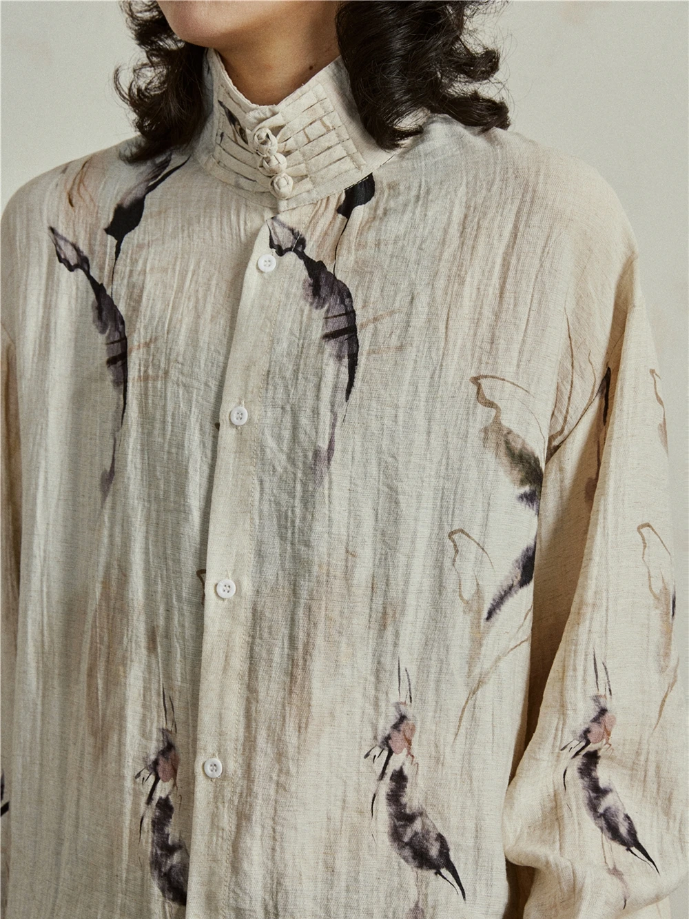 

Sunyvonne Chinese Style Long Sleeve Shirt with Button Print Design Loose Fit Stand Collar Polyester Fiber Women's Top