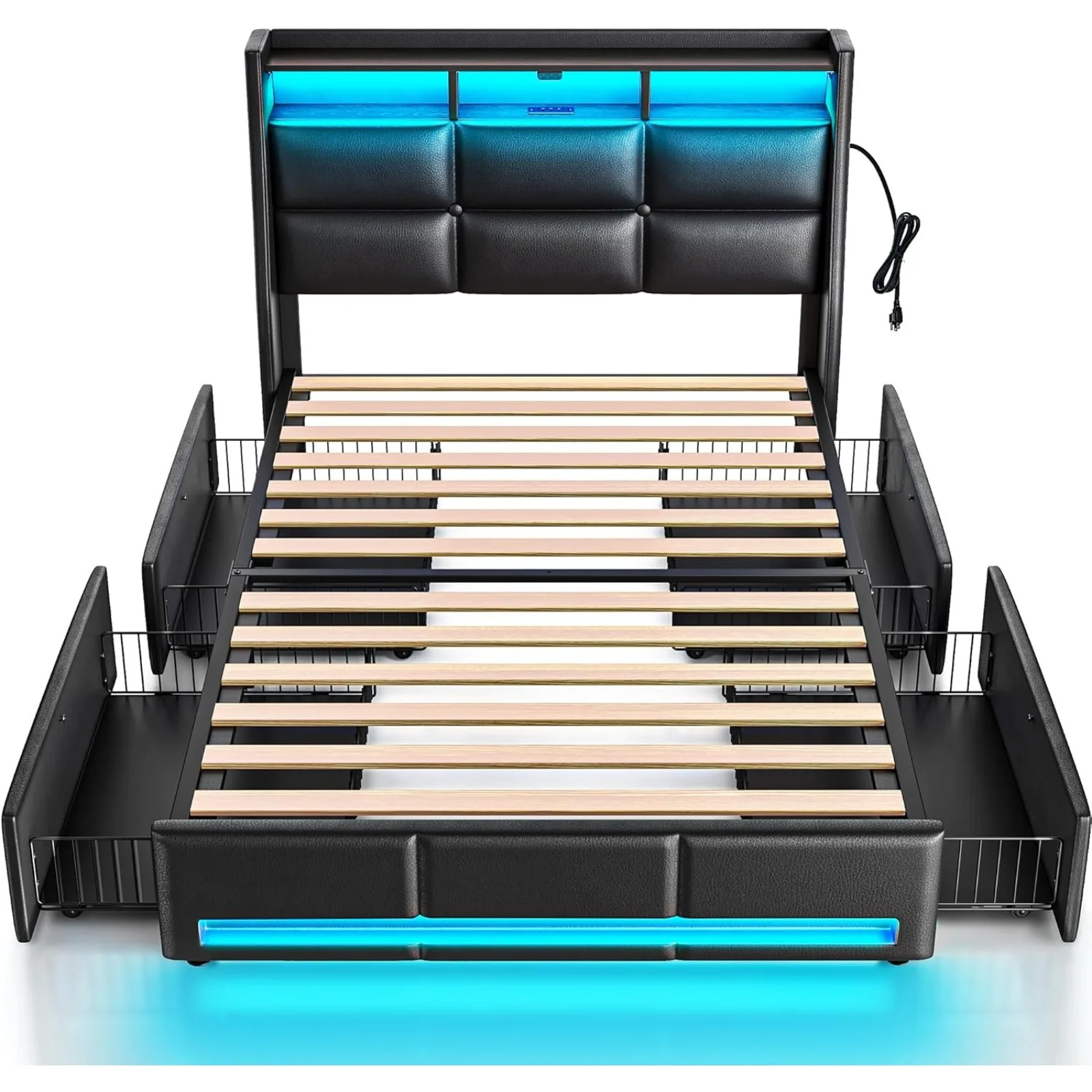 

US Twin Size Bed Frame with LED Lights and Charging Station, PU Leather Bed Storage Headboard & Drawers, Heavy Duty Wood Slats