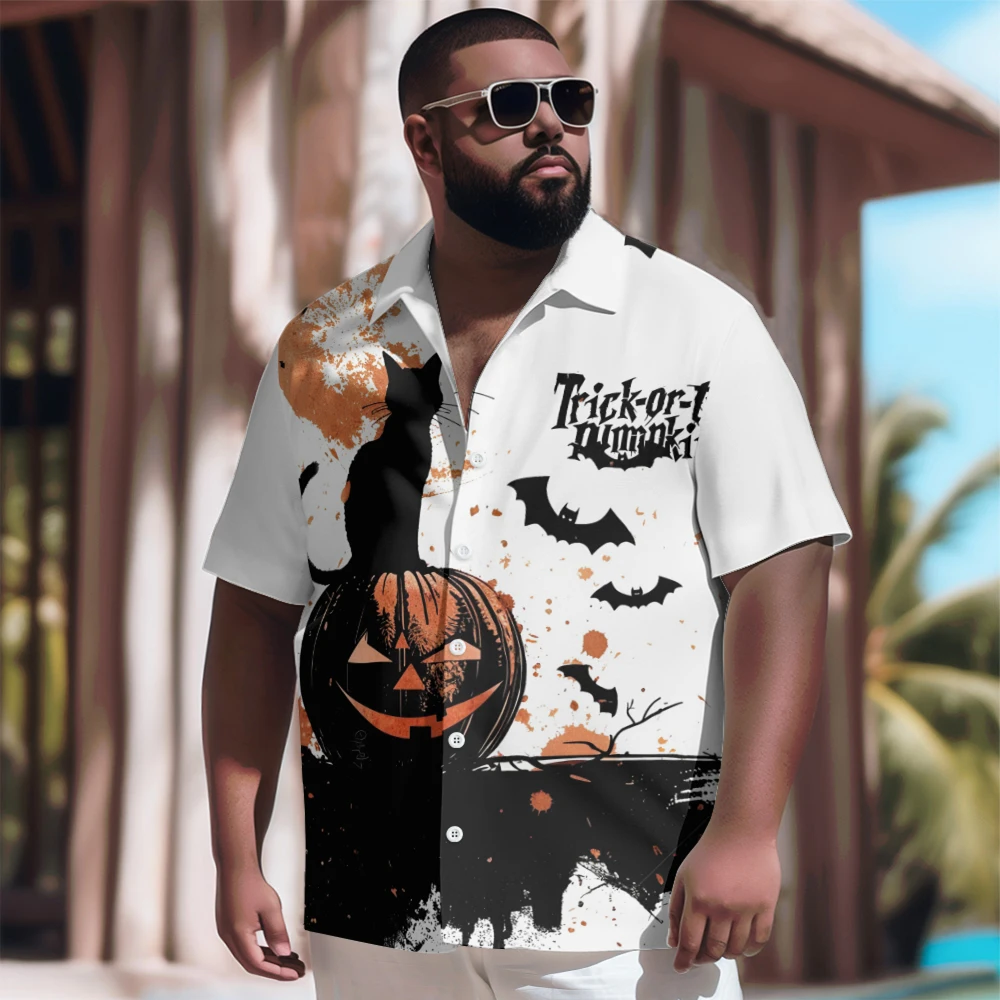 

New Hawaiian Shirt Men Goth Men Halloween Black Cat Pumpkin Printed Casual Short Sleeve Tops Vintage Plus Size Summer Shirts