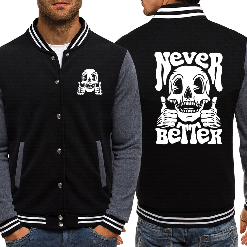 

Never Better Creativity Skull Print Unisex Pullover Vintage Autumn Baseball Jacket Casual Trendy Clothing Soft Basic Streetwear