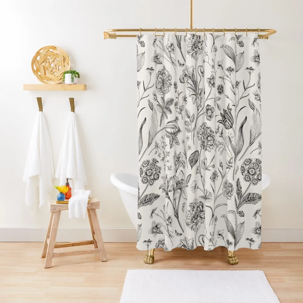 Vintage Black Beige Toile Garden Floral Pattern Shower Curtain For Bathroom Waterproof Shower Shower For Bathroom Set Curtain