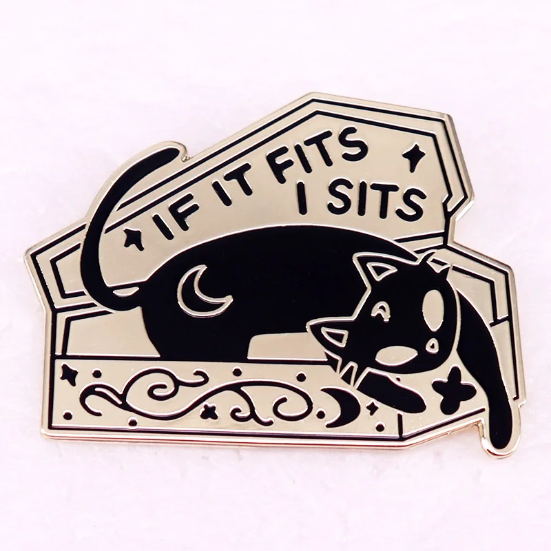 If It Fits I Sits Kawaii Black Cat Coffin Badge Enamel Pin Brooch Jewelry Gift