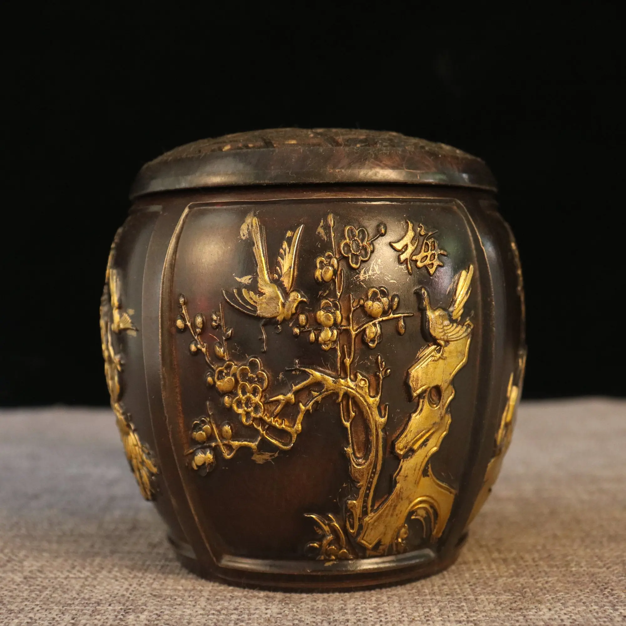 

4"Tibetan Temple Collection Old Brass Bronze Gilded Tea Canister Plum Orchid Bamboo Chrysanthemum Tea Caddy Ornaments