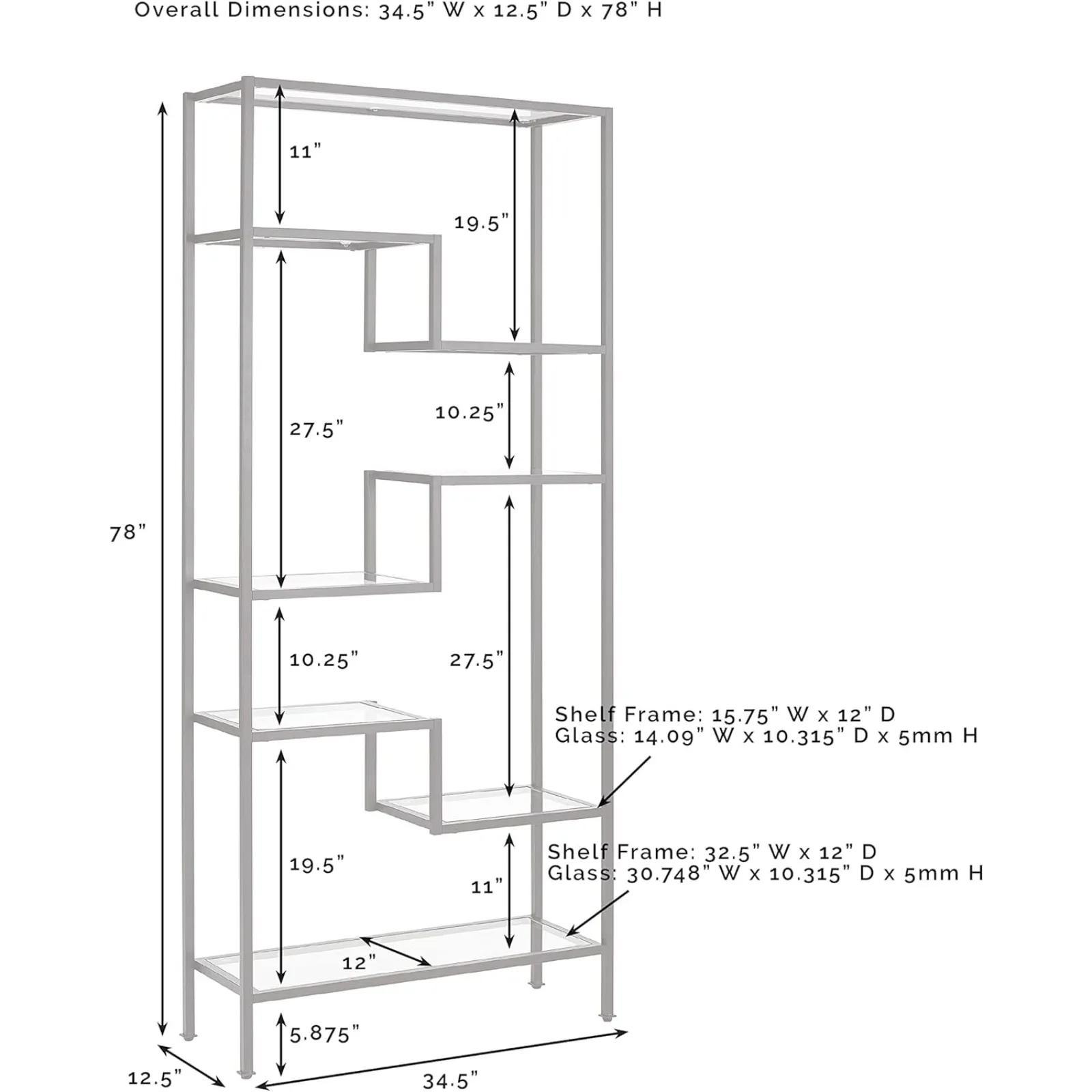 US Sloane Bookshelf with Glass Shelves, Bookcase Storage, Gold