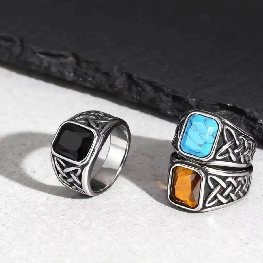Bagues punk nœud viking pour hommes, bague signet vintage carrée en pierre naturelle, bijoux ethniques rétro rock, cadeau pour père, fils, ou lui