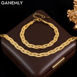 GANEMLY 316L Stainless Steel 3-layer Crossing Chain Necklace Bracelet Set For Women Trendy 18K Gold Plated Waterproof Jewelry