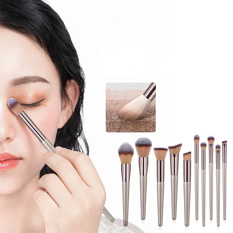 Champagne Color Makeup Brush for Women Face Basic Foundation Flame Cone Powder Flat Head Makeup Brush Tools Cosmetic Brush Set