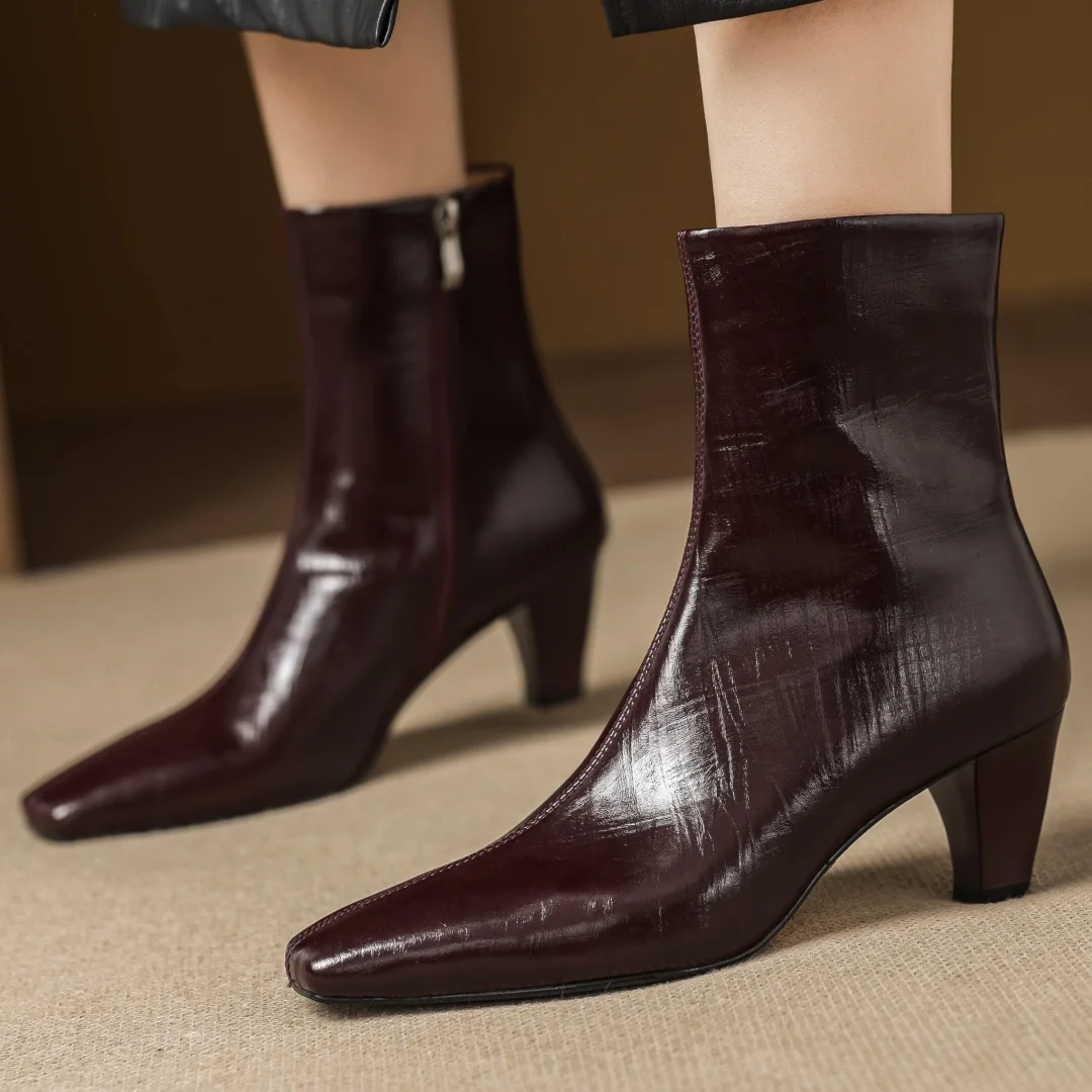 

Women's genuine leather square toe side zip autumn ankle boots 6cm thin high heel elegant ladies slim dress short booties shoes