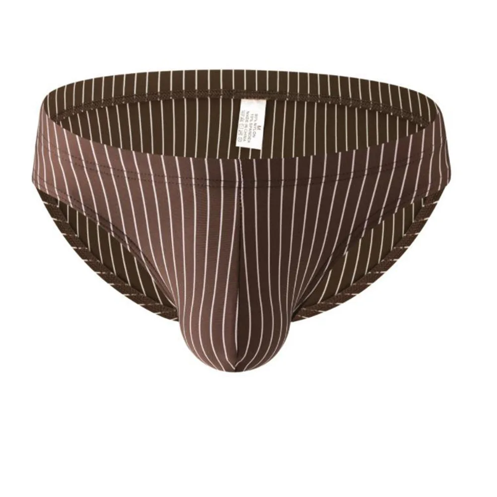 Low Waist Men\'s Briefs with Striped Pattern and U Convex Pouch Thin Breathable Fabric Underwear for Daily Comfort
