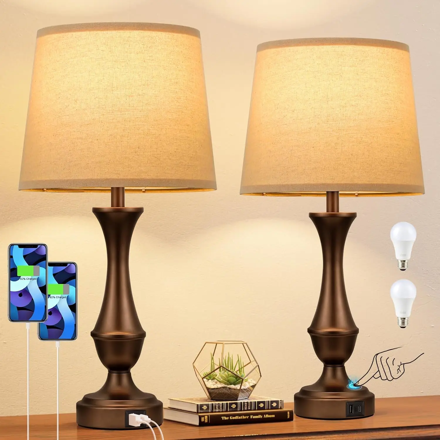 

Set of 2 Upgraded Touch Lamps with USB C+A Ports, 3-Way Dimmable for Bedroom Living Room End Tables Office in Brown