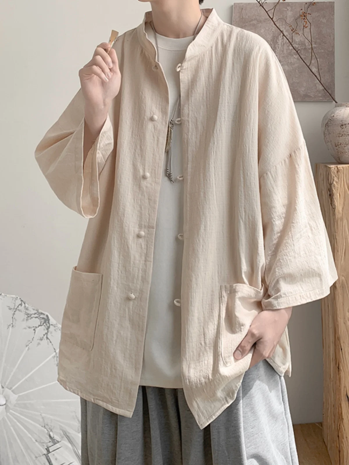 

New Chinese Sle Men's irt Stand Collar f Sve Lazy Sle Summer Cotton Casual Faionable Thin Outerwear Coat