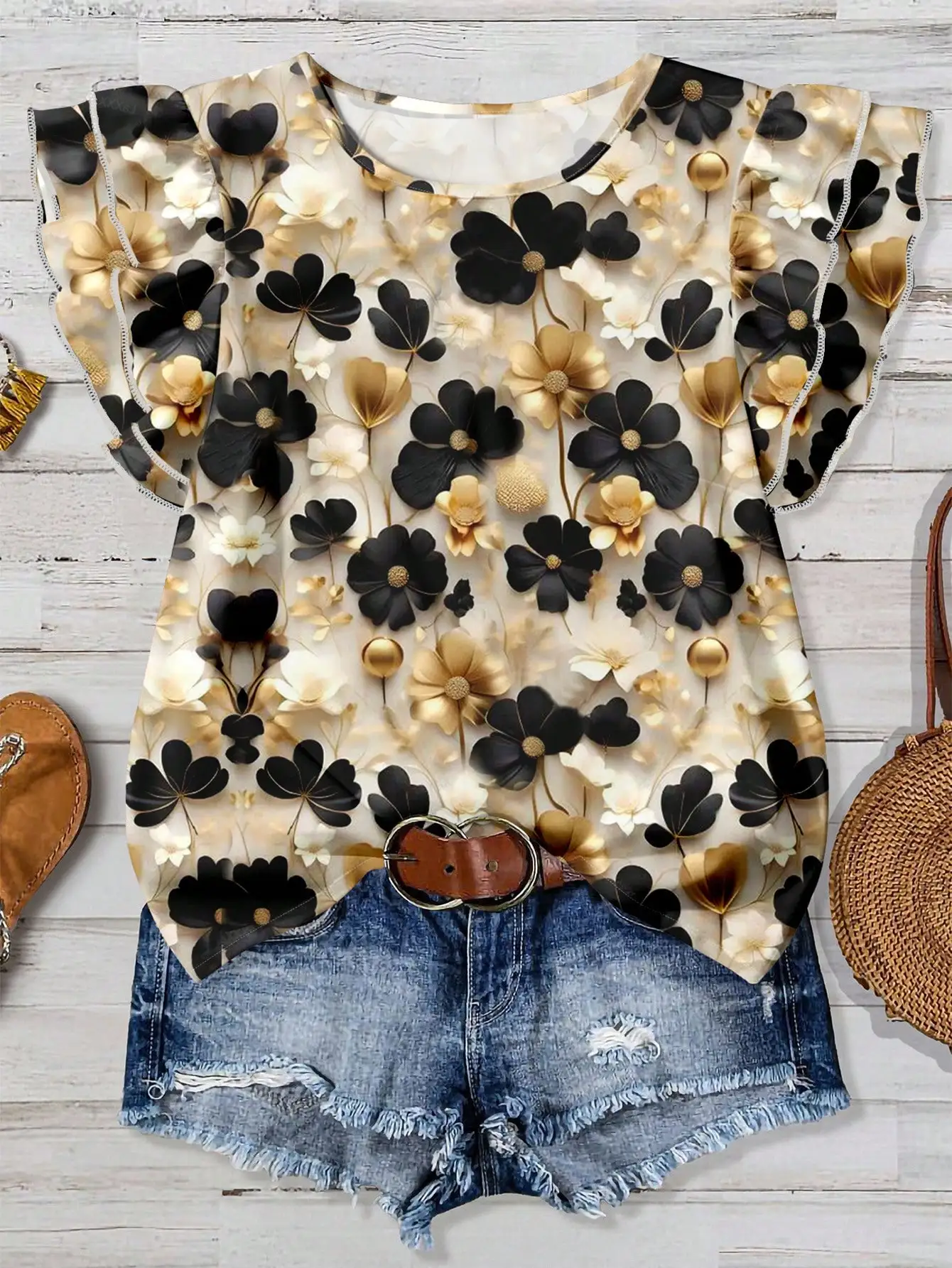 

Women's Floral Print Loose Blouse With Flying Sleeves Round Neck Summer Casual Top