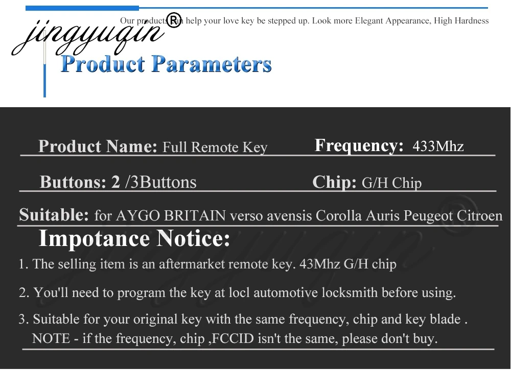 Jingyuqin VA2 Flip Remote Auto Schlüsselanhänger 433 MHz H-8A für Toyota Aygo Corolla Auris /G Chip fit Verso Avensis S 000048000 A03TAA – Detail 5