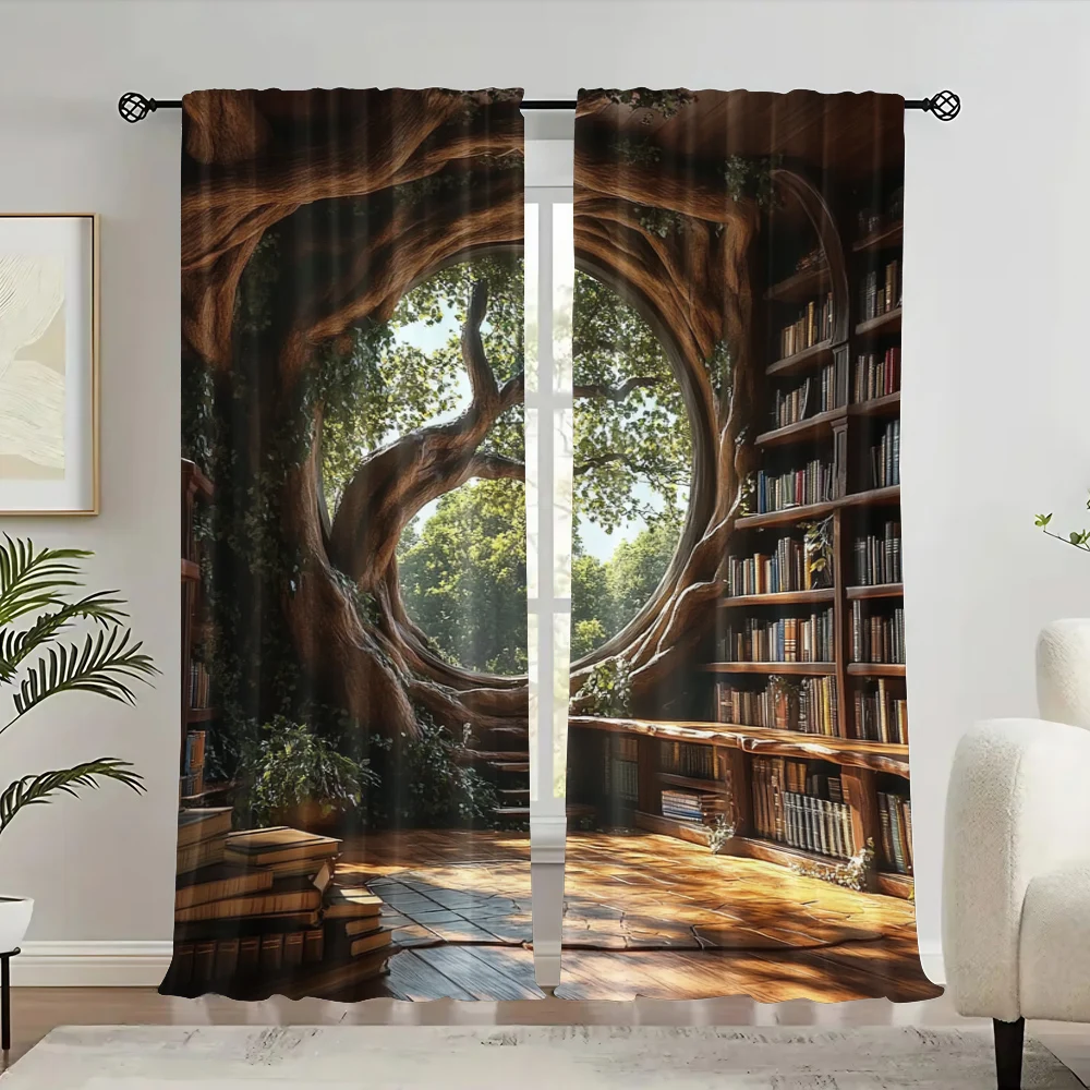2pc,  Curtains Retro Library 100% Polyester,Without Electricity Birthday Party Applies to Home Decor