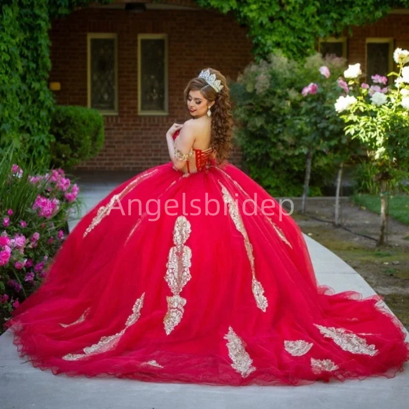 Angelsbridep Red Vestido De 15 Años Ball Gown Quinceanera Dress Evening Party Dresses With Cape Appliques