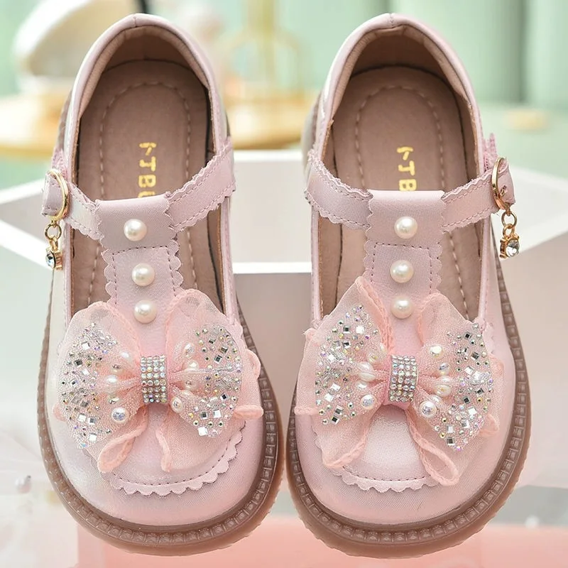

Детская повседневная обувь, кожаная обувь, весенняя обувь принцессы с бантом из искусственной кожи для девочек, нескользящая розовая, бежевая обувь на липучке, размер 26-36