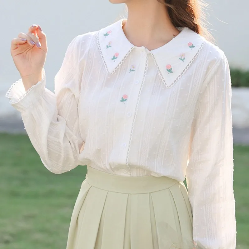 Peter Pan Collar Shirts Women Spring Sweet Girls Retro Flare Sleeve Embroidery Simple All-match Korean Style Floral Trendy Cozy