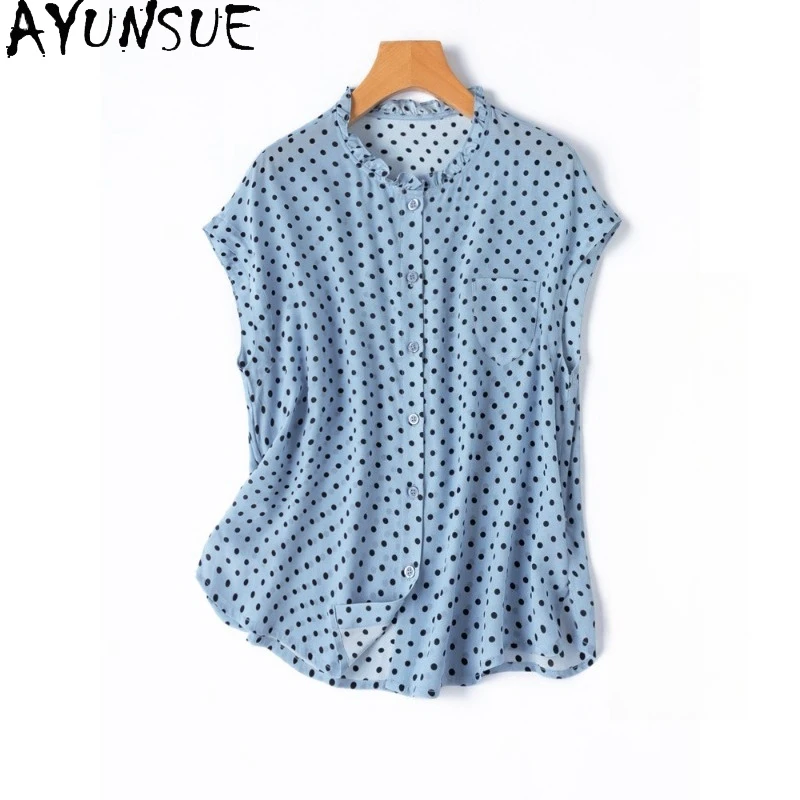 

AYUNSUE 100% шелковые женские блузки и рубашки, летние топы во французском ретро-стиле для женщин, рубашка без рукавов в стиле OL, женская одежда, блузка женская