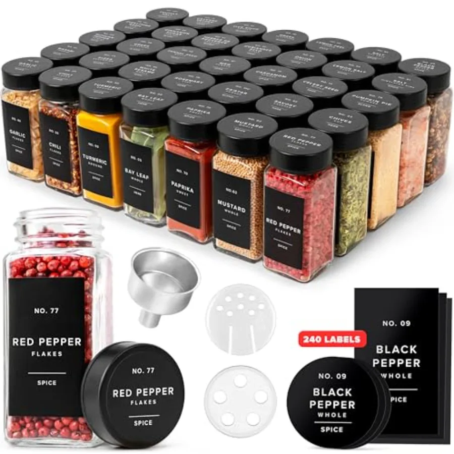 

Стеклянные банки для специй с этикетками и черными крышками, 36 штук по 4 унции, контейнеры для специй с 240 этикетками, вкладыши-шейкеры, стальная воронка, пустые квадратные емкости E