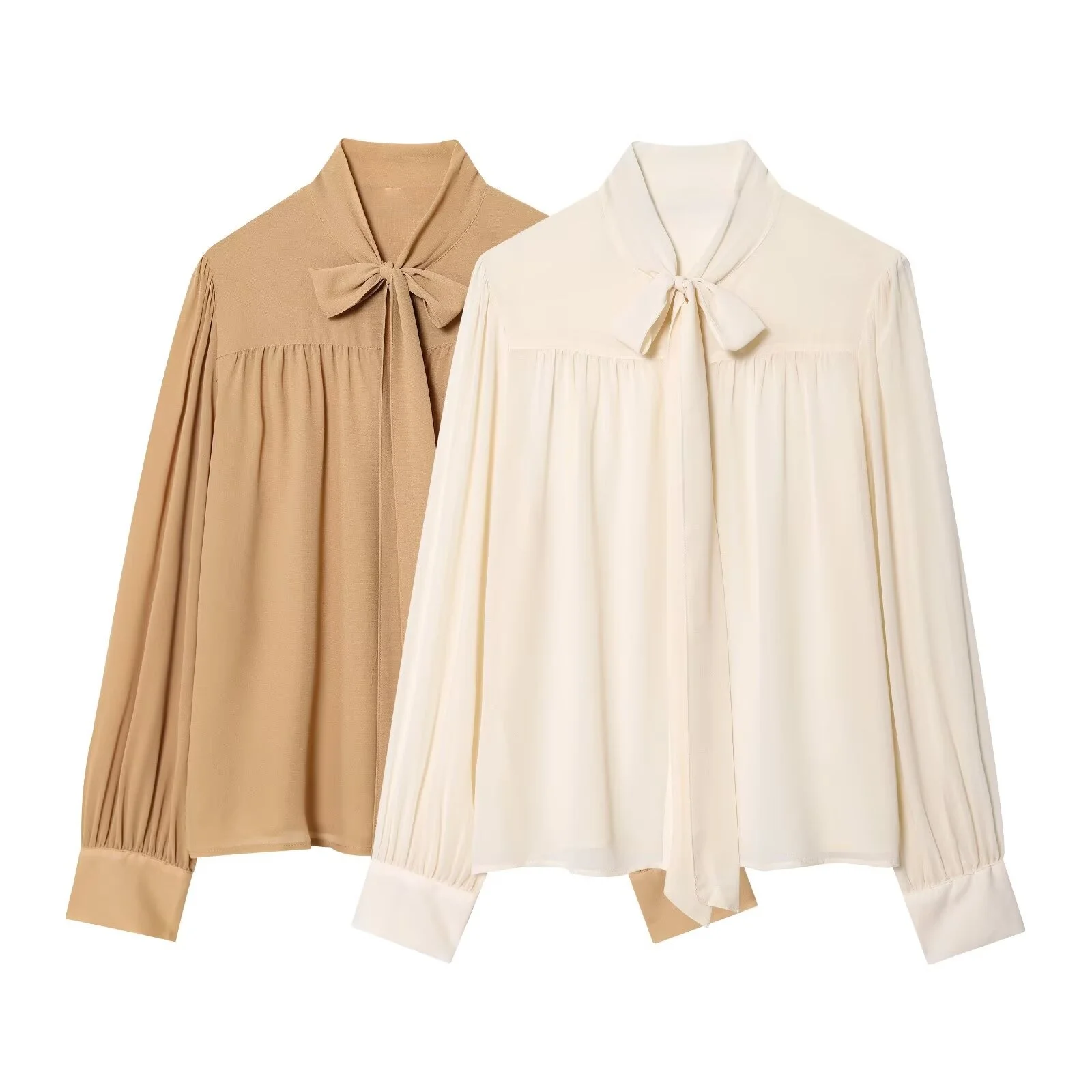 

PB&ZA2025 autumn new women's casual fashion temperament simple loose long-sleeved draped bow collar shirt top