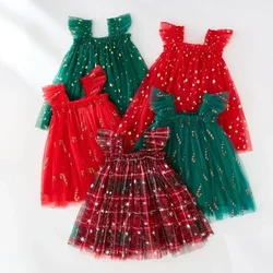 New 2024 Christmas Day Stars Print Suspender Dress Holiday Red and Green Print Mesh Puffy Dress Baby Photograph Princess Dress