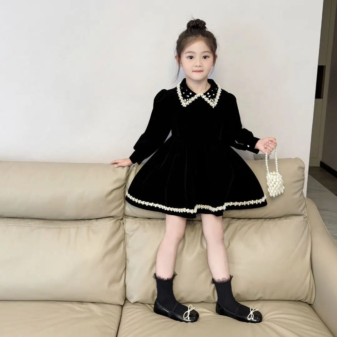 Korean  New Black Velvet Dress Children Clothing 2026 Autumn and Winter Girls Temperament High-end  Princess Dress