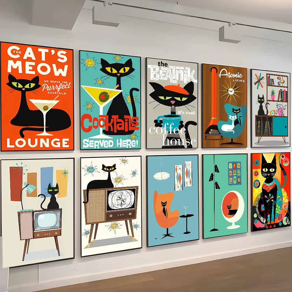 Mid Century Black Cat Classic Vintage Posters Decoracion Painting Wall Art White Kraft Paper Kawaii Room Decor