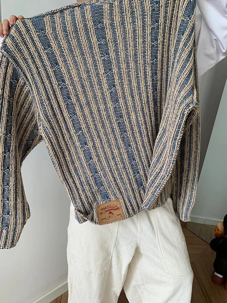 Men's Korean Style Sweater Retro Color Block Knitwear Loose Fit Round Neck Jumper Soft Casual Pullover for Autumn Winter Fashion