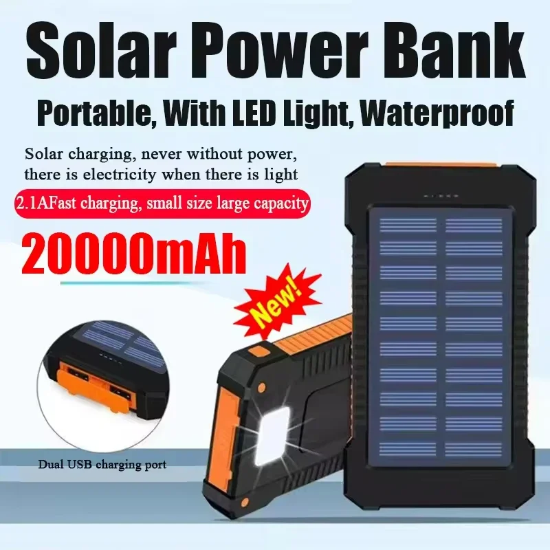 100000mAh Portable Solar Power Bank External Battery Fast Charging Waterproof Powerbank with SOS Flashlight Poverbank for Xiaomi