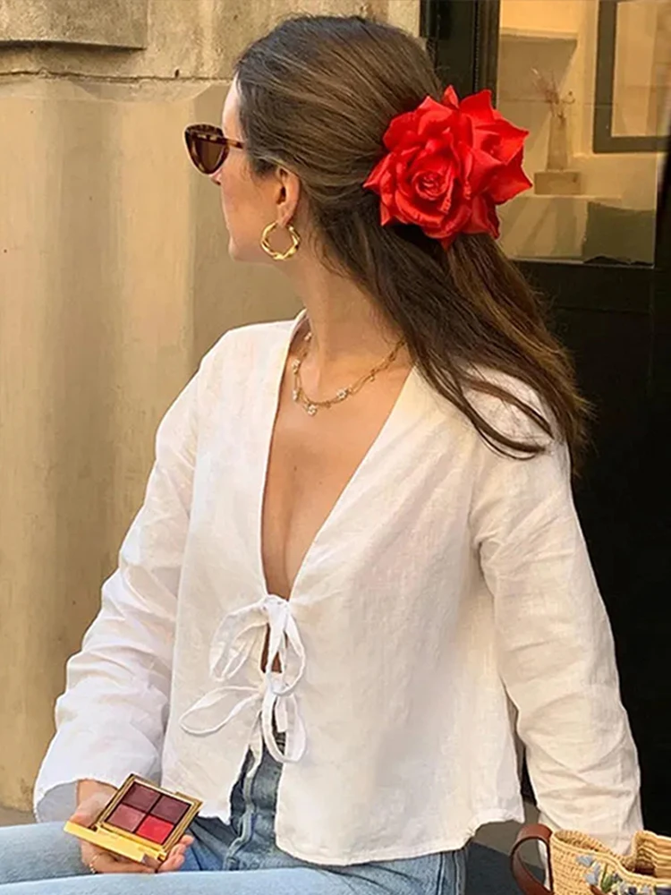 Lace Up Cotton Linen Bow Shirts Women Casual Commuting Deep V Neck Hollow Out Ladies Spring Summer Loose Long Sleeve Blouse Top