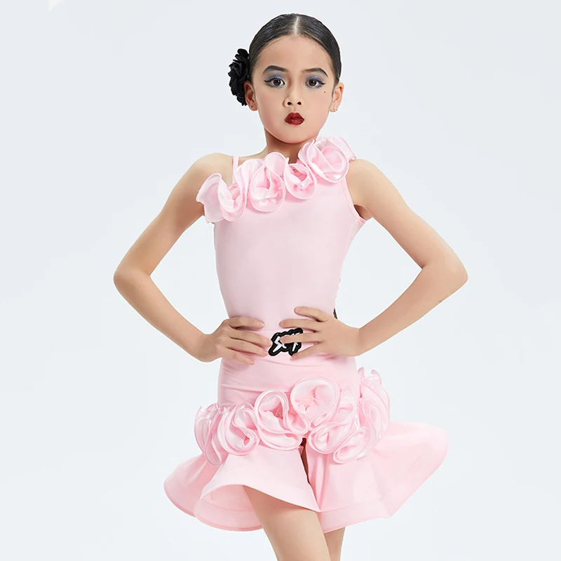 أطفال بنات اللاتينية الرقص الوردي الفطريات الدانتيل ارتداءها وتنانير هيكل السمكة رومبا Dancewear التدريب قاعة المنافسة ازياء #2