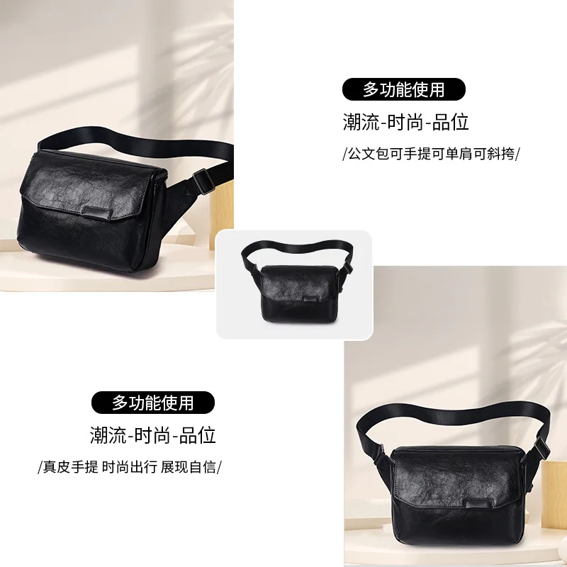 Brust-High-End-Umhängetasche aus echtem Leder in Schwarz, trendige Mode, japanischer Stil, pflanzlich gegerbtes Rindsleder, Herren-Umhängetasche