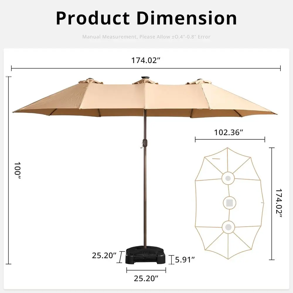 15ft Solar-Powered Patio Umbrella with RGB Lights and Base for Outdoor Decks and Poolside