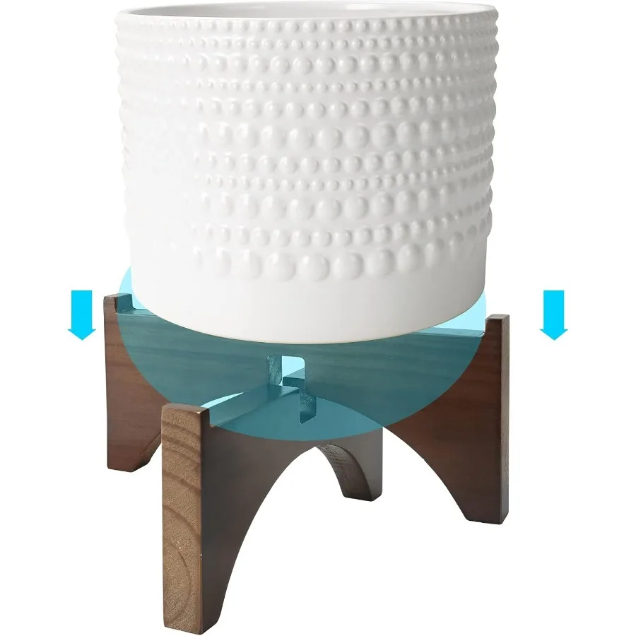 กระถางต้นไม้ic พร้อมขาตั้งไม้ - ดอกไม้ลาย Hobnail ทรงกระบอกสีขาวขนาด 8 นิ้ว