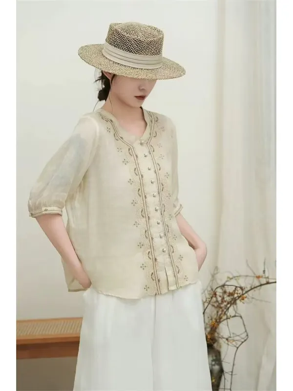 

New 2025 Women's Linen irt Lightweight Comfortable Embroidered Loose Slimming V-Ne Seven-Quarter Sve Top