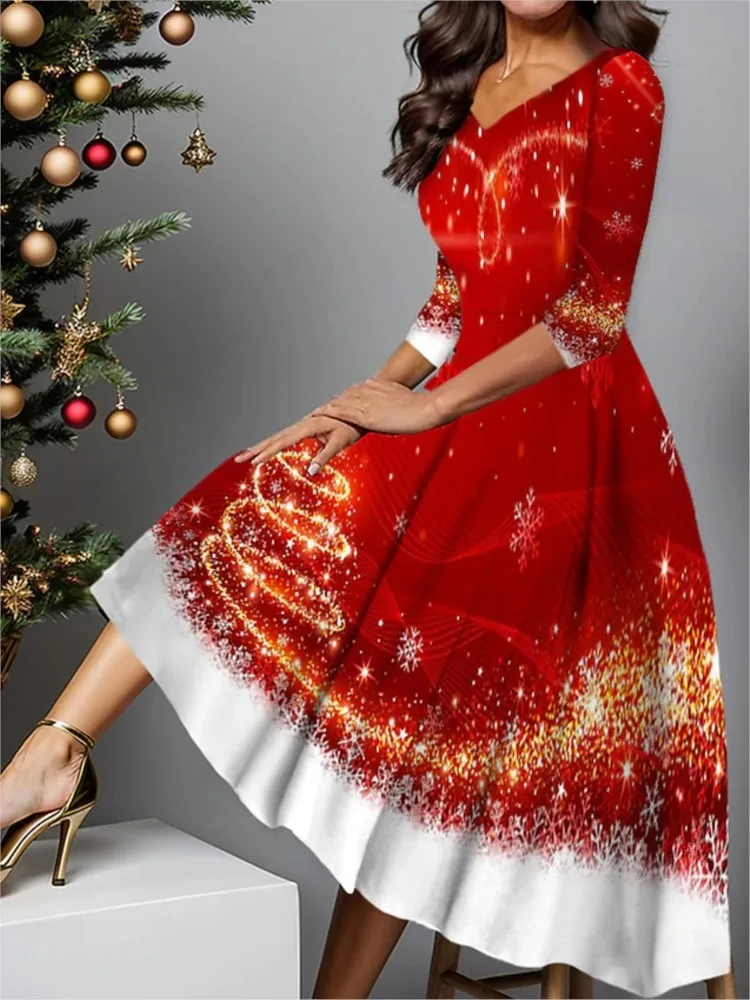 Christmas Pullover Long Skirt Fashion Printed V-neck Long-sleeved Swing Skirt Women's Loose Waist Comfortable Casual Dresses