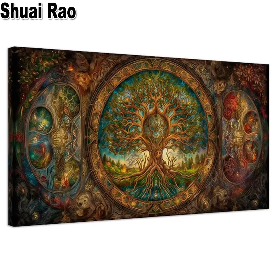 Diy Mystical Tree of Life Diamond Art Abstract Yggdrasil Stained Glass Full Square Round 5d Diamond Painting Kits Landscape Arts