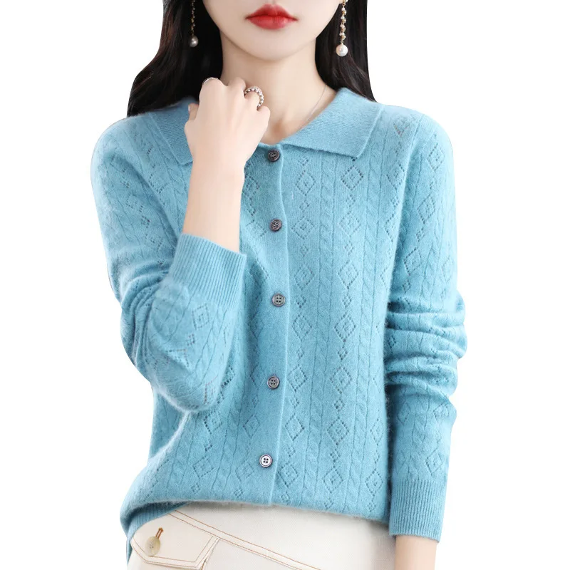 

Spring/Autumn Merino Wool Sweater Women's Polo Collar Hollowed Out Knit Cardigan Chic Knitt Cashmere Sweater Loose Look Slim Top