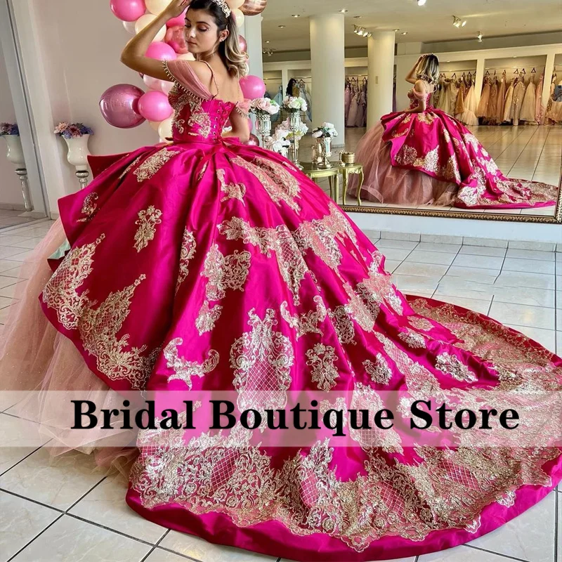 

Luxury Mexi Princess Quinceanera Dresses 2023 Off Shoulder Golden Appliques Crystal Beads Pearls Sweet 15 16 Dress Prom Gowns