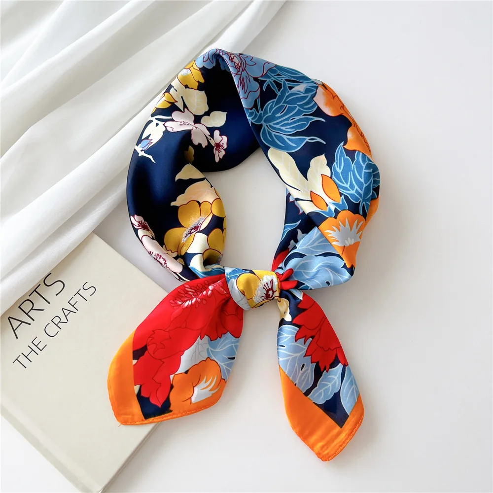 Luxury Silk Square Scarf Women Shawl Fashion French flower Print Design Satin Hijab Wraps Neckerchief Female Hair Bands 70*70CM