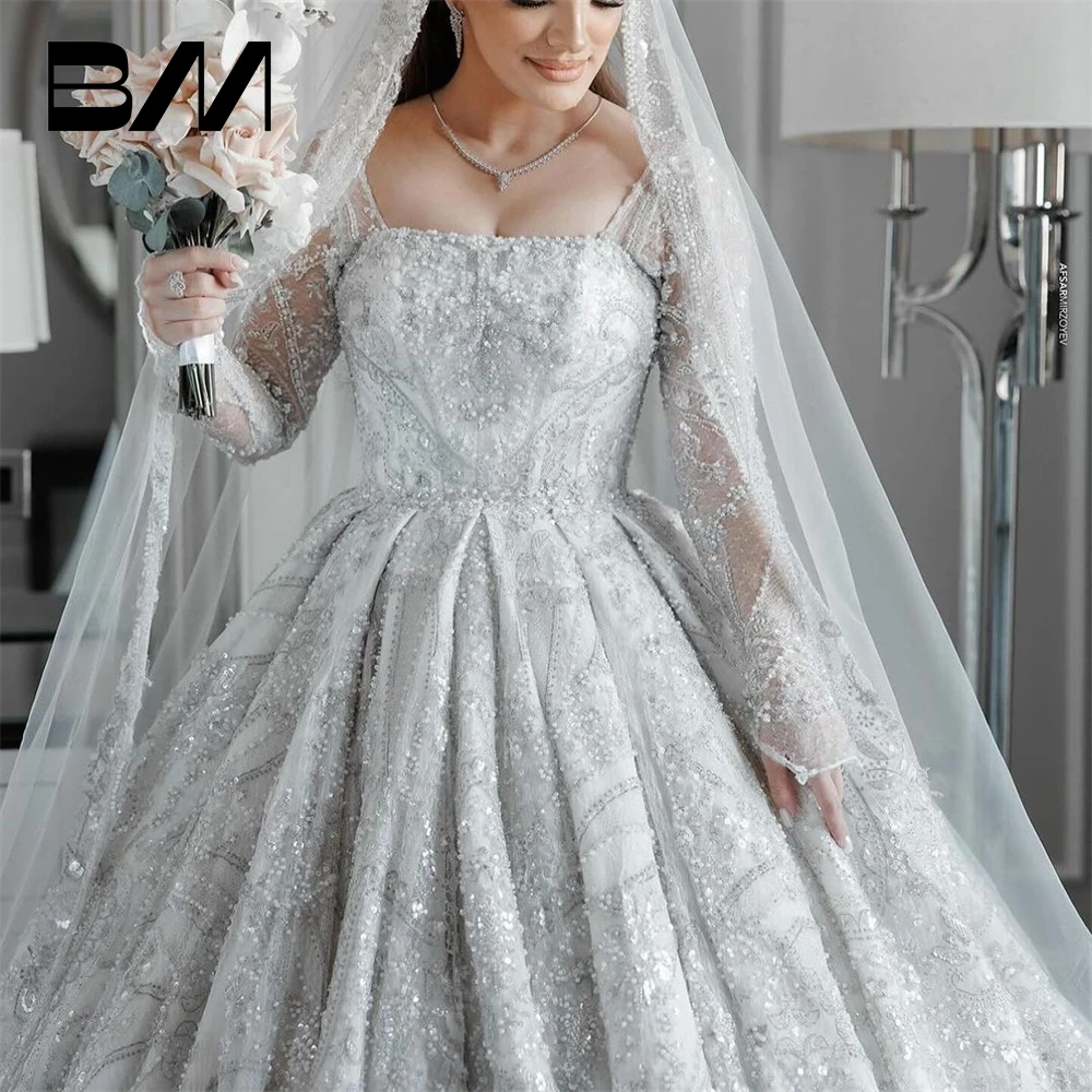 Embroidery Ballgown Wedding Dresses For Women Luxury Arabic Bride Dress Square Neckline Bridal Gown Lace-up Closure Long Chapel