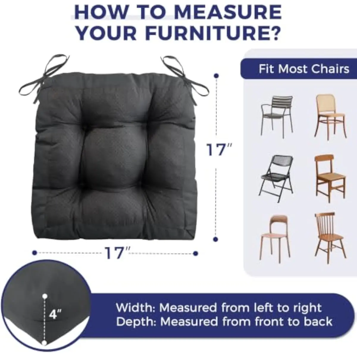 Outdoor Seat Cushions 2-Pack 17x17x4 Inch Fade-Proof Water-Resistant Polyester Fabric High-Rebound Foam Fill Non-Slip Base With
