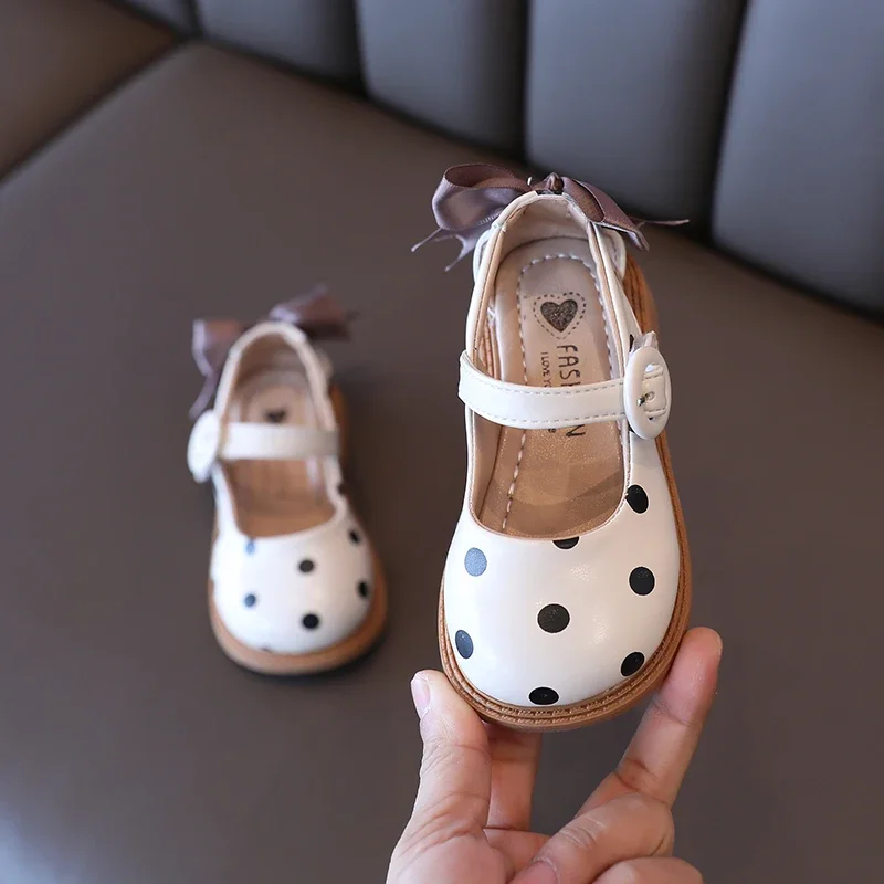 Girl Shoes Toddler Mary Janes Elegant Back Bowtie Beige Khaki Four Season Children Leather Shoes21-30 Polka Dot Light Kids Shoes